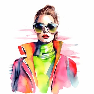 Neon aquarel stijlvolle mode meisje clipart, moderne straat mode meisje, minimalistische mode model tekenen, levendige mode set, commercieel gebruik