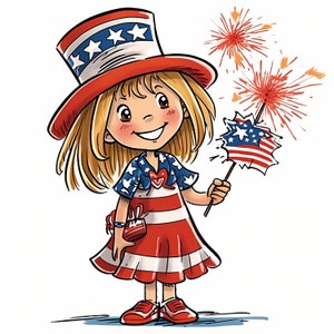 Clipart ragazza americana dei cartoni animati, set del giorno dell'indipendenza, illustrazione della ragazza patriottica del 4 luglio USA, clipart di design a sublimazione, uso commerciale