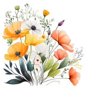 Clipart aquarelle fleurs des prés, clipart floral aquarelle, clipart coquelicot, fleurs orange, bouquet de coquelicots, clipart fleurs, usage Commercial