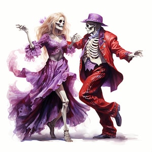 Halloween Esqueleto Barón y Baronesa Acuarela Clipart, Esqueleto Barón y Baronesa Conjunto de Bodas, Esqueleto Novio y Novia Ilustraciones