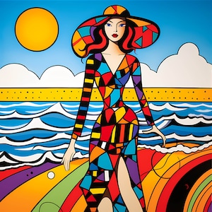 Arte abstracto vibrante caminando por el paquete de mujer de playa, arte y decoración de pared de moda glamorosa vibrante, pared digital de mujer glamorosa - arte abstracto
