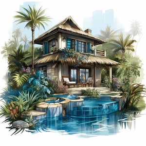 Romantische Spa-Villa-Aquarell-Clipart, exotische Spa-Aquarell-Ferienvilla, Spa-Romantik-Villa-Bundle, Karten- und Journalgestaltung, kommerziell
