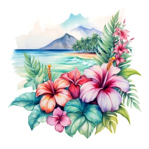 Paquete de imágenes prediseñadas de dibujo de acuarela de flores hawaianas, imágenes prediseñadas de PNGs del paraíso tropical, flores tropicales, conjunto de hojas y flores tropicales de Hawái