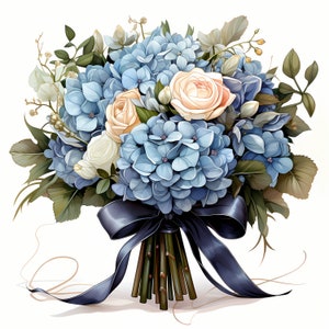 May include: A bouquet of blue hydrangeas and white and cream roses tied with a navy blue ribbon.