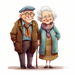 Lindo paquete de imágenes prediseñadas de abuela y abuelo, personas mayores divertidas dibujos animados familia ilustración PNG conjunto, imágenes prediseñadas divertidas de pareja de ancianos, comercial