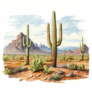 Paquete de arte de bocetos de acuarela del Parque Nacional Saguaro, arte de bocetos imprimible del Parque Nacional Saguaro, fabricación de tarjetas, papel digital, arte de la pared de la naturaleza