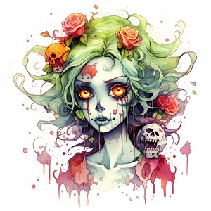 Paquete de imágenes prediseñadas de acuarela de retrato de bruja zombie de Halloween, invitaciones de Halloween conjunto de zombies brujas, portada de libro de zombies brujas, arte abstracto