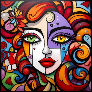 Vibrante arte abstracto mujer cara tablero impresión retrato paquete, vibrante mujer cara pared arte y decoración, mujer abstracta pintura de pared digital s2