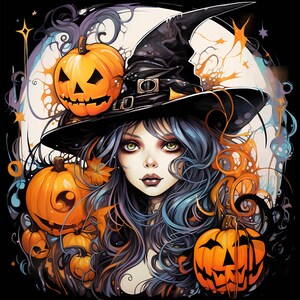 Paquete de imágenes prediseñadas de acuarela de bruja linda de Halloween, conjunto de sublimación de ilustraciones oscuras de bruja de Halloween, diseño de sublimación, arte de pared, comercial
