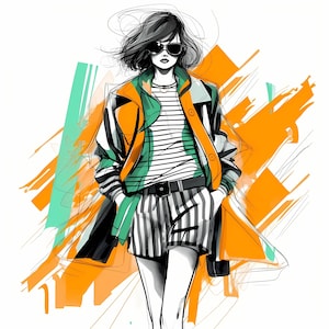 Aquarel levendige mode meisje clipart, moderne Street Fashion meisje, kleurrijke fashion modellen schets, mode illustratie, energie mode