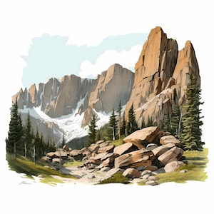 Paquete de arte de bocetos de acuarela del Parque Nacional de las Montañas Rocosas, arte de bocetos imprimible del Parque Nacional de las Montañas Rocosas, papel digital, arte de la pared de la naturaleza