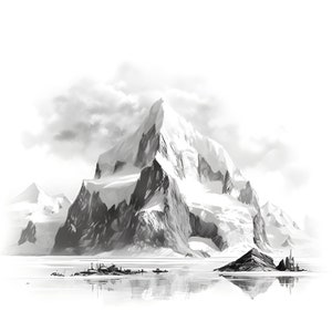 Croquis minimaliste de paysage de montagne esquissé, art de croquis au crayon de paysage de péninsule antarctique, clipart de paysage, fabrication de cartes, art numérique