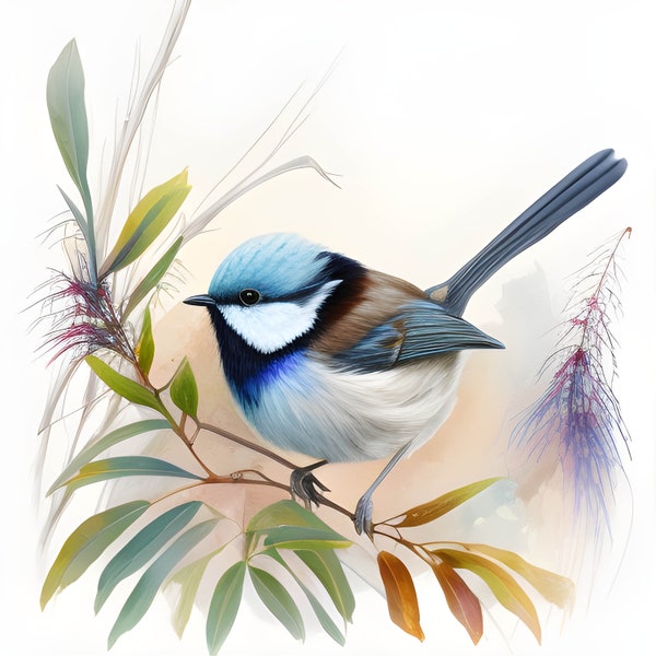Watercolor Fairy-wren Bird Clipart | Fairy-wren PNG | Cute Colorful Bird PNG | Nursery Decor | Baby Shower Clipart | Digital Paper Craft