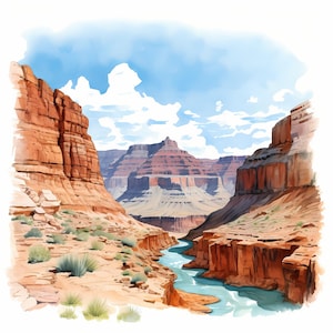 Paquete de arte de bocetos de acuarela del Parque Nacional del Gran Cañón, conjunto de arte de bocetos imprimible del Parque Nacional del Gran Cañón, papel digital, arte de la pared de la naturaleza