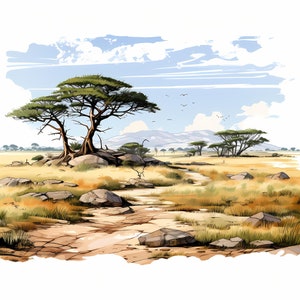 Paquete de arte de bocetos de acuarela del Parque Nacional del Serengeti, conjunto de arte de bocetos imprimible del Parque Nacional, fabricación de tarjetas, papel digital, arte de la pared de la naturaleza