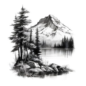 Clipart minimaliste de lac paysage de montagne esquissé, art de croquis au crayon de paysage de lac de montagne, clipart paysage, fabrication de cartes, scrapbooking