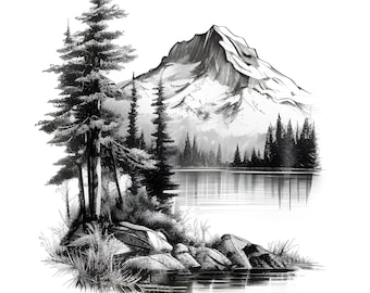 Minimalistisch geschetst berglandschap Lake clipart, bergmeer landschap potloodschets kunst, landschap clipart, kaart maken, scrapbooking