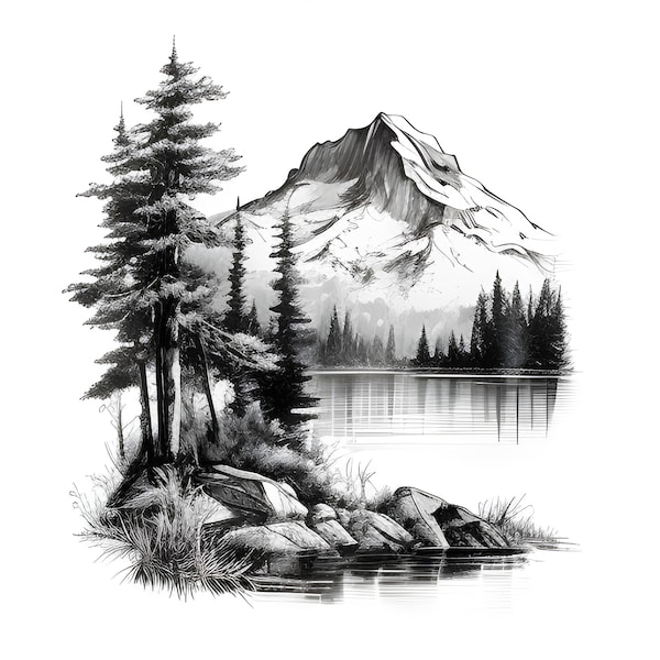 Minimalist Sketched Mountain Landscape Lake Clipart, Mountain Lake Landscape Pencil Sketch Art, Landscape Clipart, Card Making, Scrapbooking