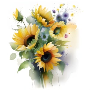 Clipart aquarelle bouquet de tournesol, clipart floral aquarelle, clipart bouquet de tournesol, fleurs jaunes, téléchargement immédiat, usage Commercial