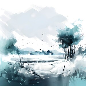 Watercolor Mountain Landscape Clipart, Mountain Landscape Lake Cold Watercolor, Landscape Clipart, Card Making, Scrapbooking, Junk Journal