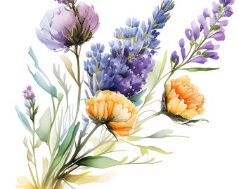 May include: Watercolor painting of a bouquet of flowers with purple lavender, light purple flowers, and orange flowers.