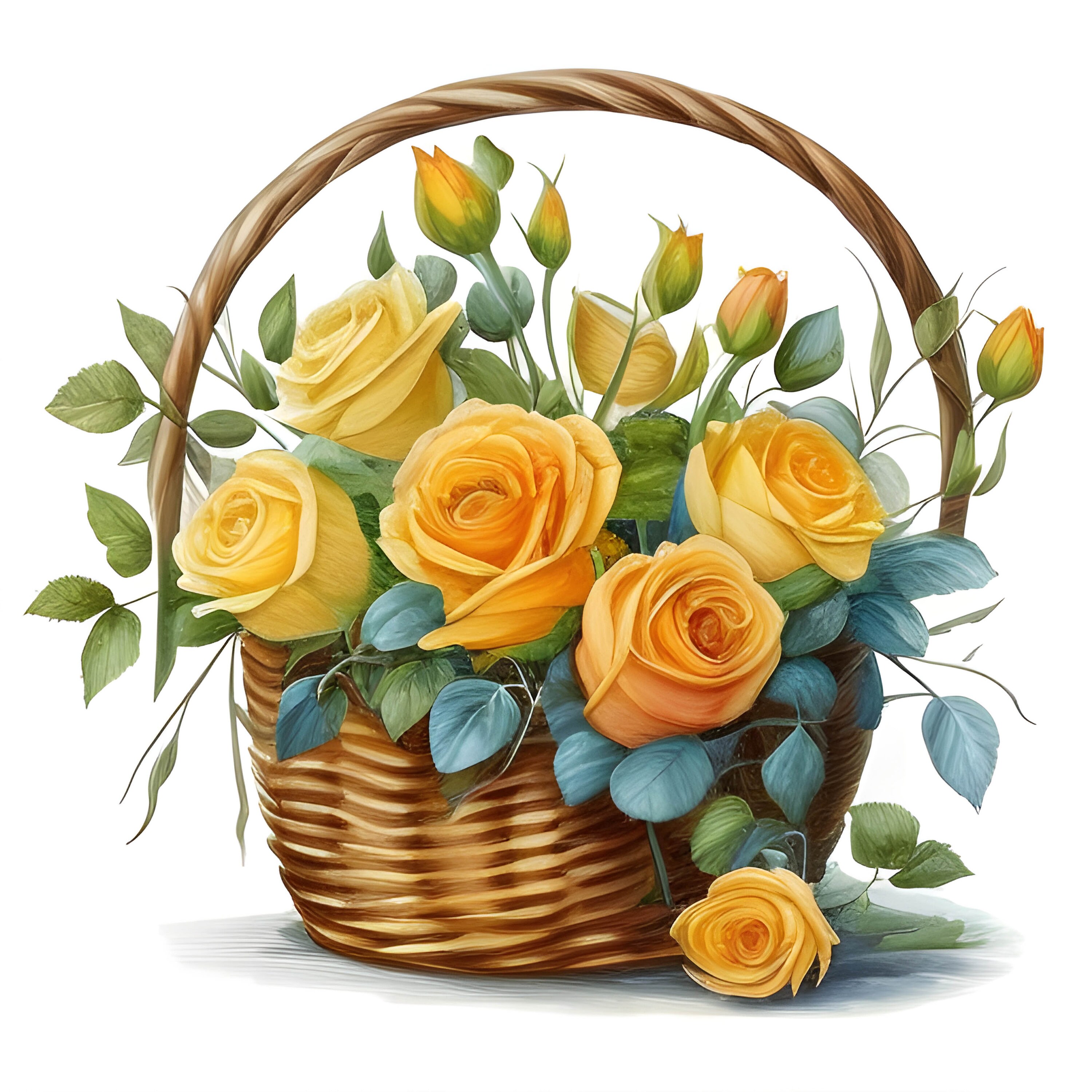 Yellow Roses in a Basket Watercolor Clipart, Watercolor Floral Clipart ...