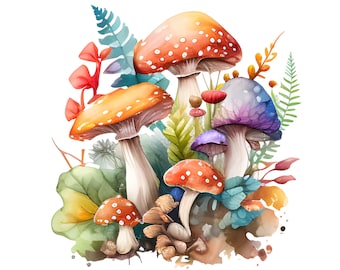 Watercolor Mushrooms Clipart, Cute Forest Nature Toadstool Clipart, Instant Download, Card Making, Junk Journal Making, Commercial Use