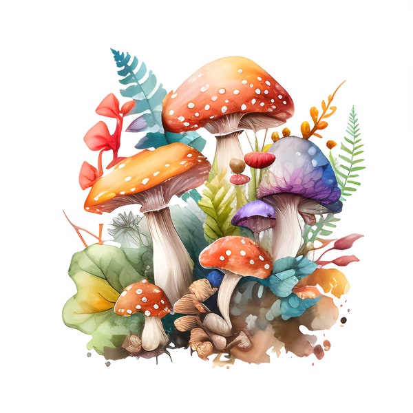 Watercolor Mushrooms Clipart, Cute Forest Nature Toadstool Clipart, Instant Download, Card Making, Junk Journal Making, Commercial Use