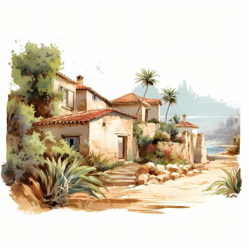 Mediterranean Landscape Watercolor Clipart Bundle, Mediterranean Landscape Printable Sketch, Card Making, Mediterranean Scenery, Commercial Use