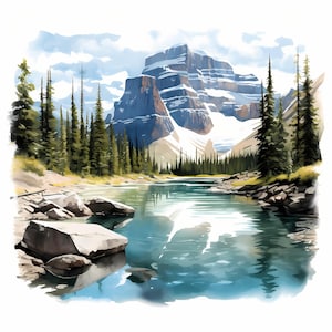 Banff Nationalpark Aquarell Skizze Kunst Bundle, Banff Nationalpark druckbare Skizze Kunstset, Kartenherstellung, digitales Papier, Natur Wandkunst