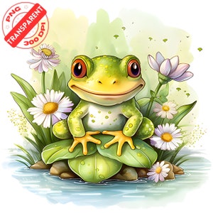 Clipart aquarelle grenouille mignonne, aquarelle bébé animal clipart, aquarelle grenouille mignonne PNG, grenouille & fleurs de marguerite, décoration de chambre d'enfant, usage Commercial