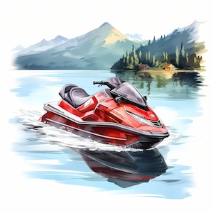 Jet Ski On Lake Watercolor Clipart Bundle, Jet Ski Watercolor Illustration Set, Jet Ski Sublimation Bundle, Digital Download, Commercial Use
