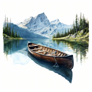 Canoa en un paquete de imágenes prediseñadas de acuarela de lago de montaña, conjunto de bocetos imprimibles de canoa de lago de montaña, creación de tarjetas, paisaje de canoa de lago de montaña