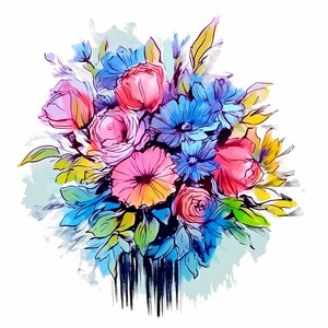 Watercolor Bouquet of Flowers Clipart, Watercolor Floral Bundle, Abstract Art Blue Bouquet of Flowers Clipart, Blue Flowers Bouquet Clipart