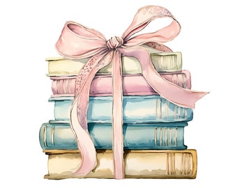 Stack Of Vintage Books Watercolor Clipart, Old Books Tied With Ribbon PNG Set, Book Wall Art, Paper Craft, Book Lovers Set, Commercial Use