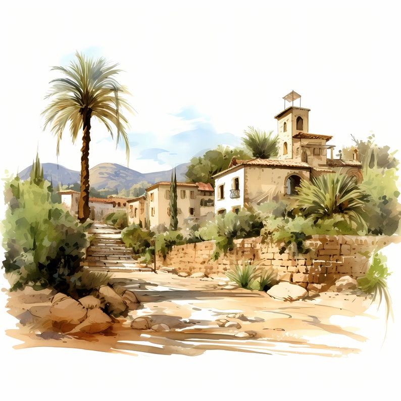 Mediterranean Landscape Watercolor Clipart Bundle, Mediterranean Landscape Printable Sketch, Card Making, Mediterranean Scenery, Commercial Use