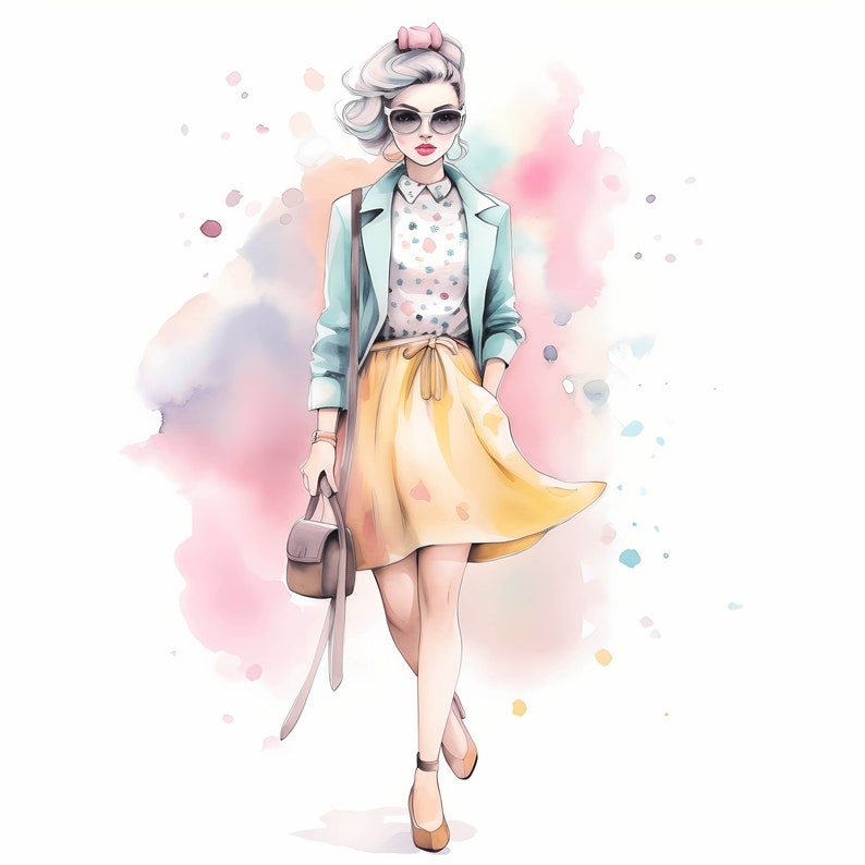 Pastel Pencil Sketch Stylish Fashion Girl Watercolor Clipart, Elegant