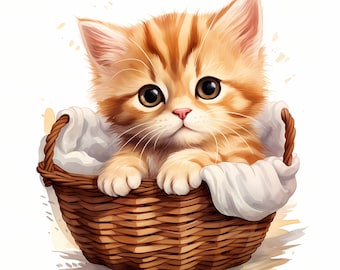 Watercolor Kitten Clipart, Basket Design, Commercial Use (JPG Digital Download)