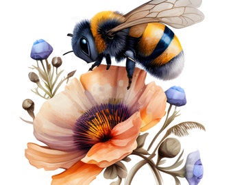 Watercolor Honey Bee Clipart, Spring Garden Bee Clipart, Wild Flowers & Honey Bee Floral Clipart, Card and Journal Making, Commercial Use