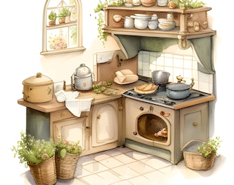 Acuarela casa de campo casa rural cocina clipart, acogedora cocina acuarela clipart, casa de campo acogedora cocina, fabricación de tarjetas, diario basura