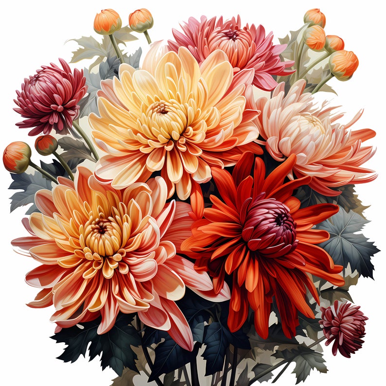 Chrysanthemum Bouquet Watercolor Clipart Bundle, Watercolor Floral Clipart, Chrysanthemum Flowers Set, Digital Planner, Junk Journaling