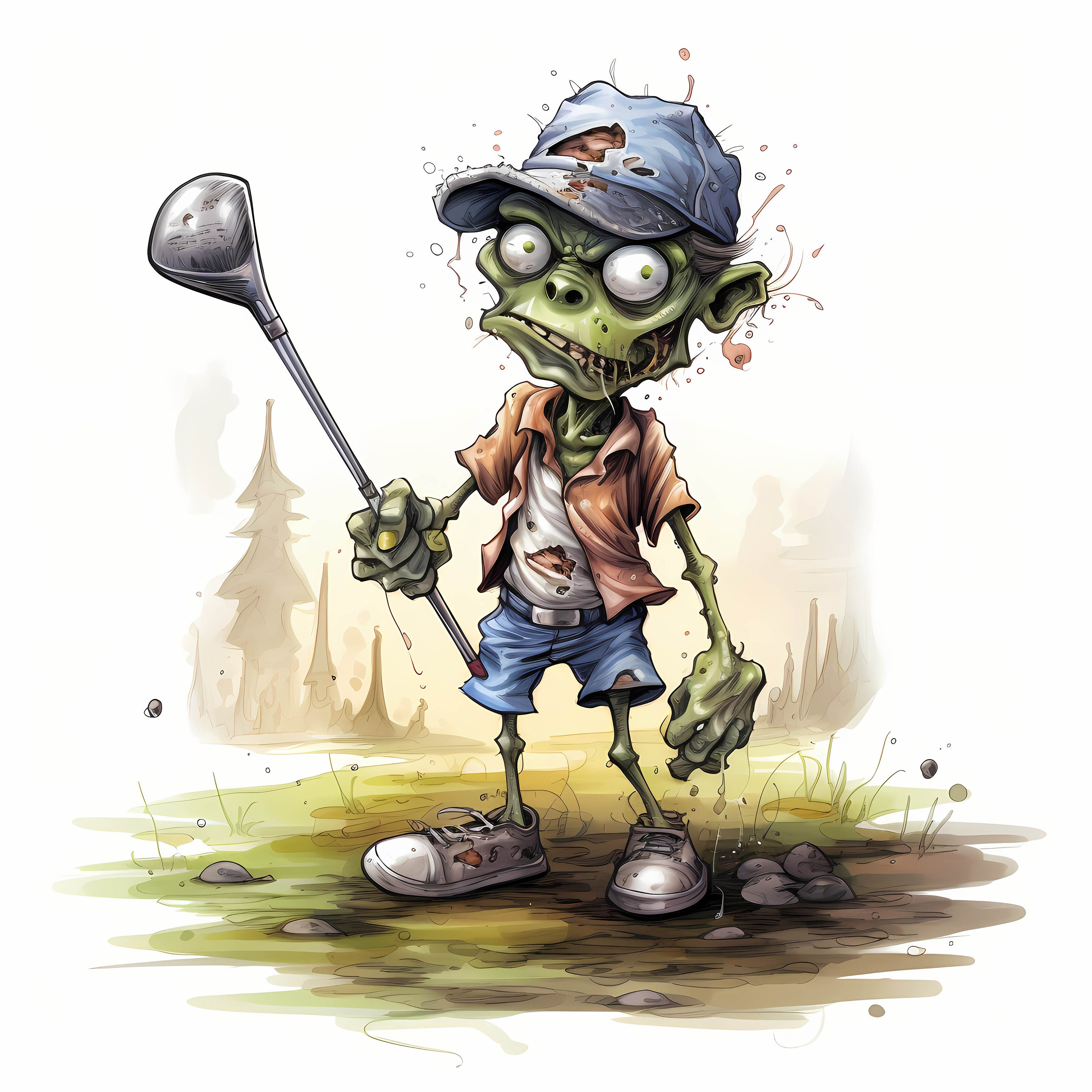 Zombie Golf Player Portrait Watercolor Clipart, Halloween Zombie Sports