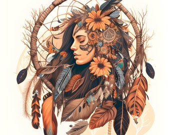 Boho Dreamcatcher Clipart, Watercolor Feathers (Commercial Use, Digital Download)