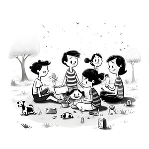 Minimalistisch getekend picknickfeest scène clipart, picknickfeest Cartooncore potloodschets kunst, Cartooncore clipart, kaart maken, scrapbooking