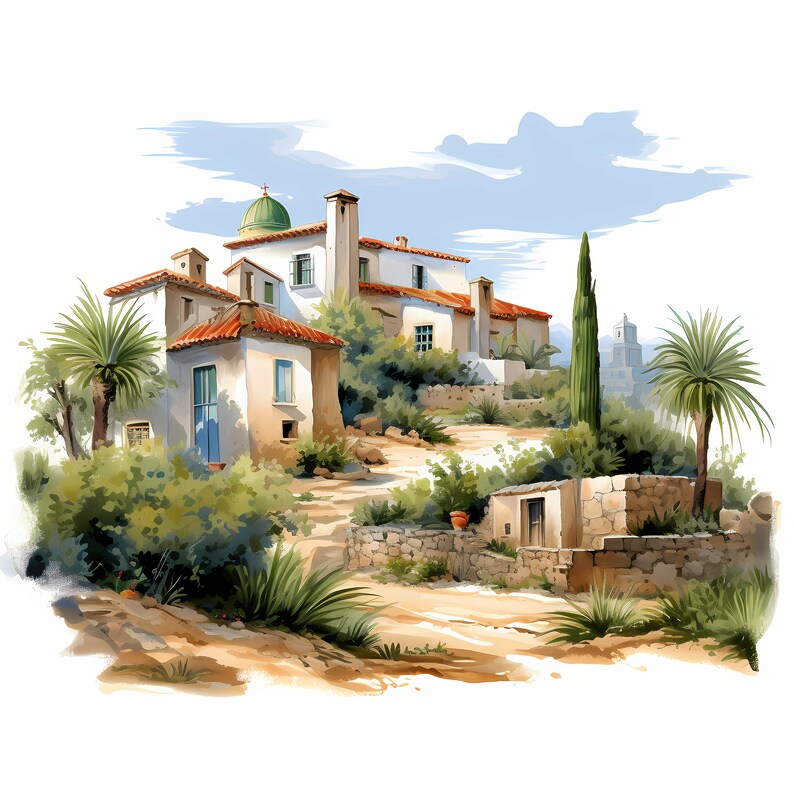 Mediterranean Landscape Watercolor Clipart Bundle, Mediterranean Landscape Printable Sketch, Card Making, Mediterranean Scenery, Commercial Use