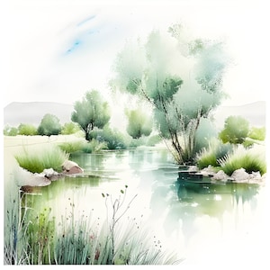 Watercolor Mountain Landscape Clipart, Mountain Landscape Lake Summer Watercolor, Landscape Clipart, Card Making, Scrapbooking, Junk Journal