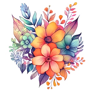Flores Boho de acuarela, imágenes prediseñadas de ramo vibrante de flores Boho, imágenes prediseñadas de ramo Boho, invitación de boda, fabricación de tarjetas y diarios, comercial