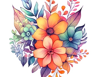 Watercolor Boho Flowers, Bohemian Flowers Vibrant Bouquet Clipart, Boho Bouquet Clipart, Wedding Invite, Card and Journal Making, Commercial