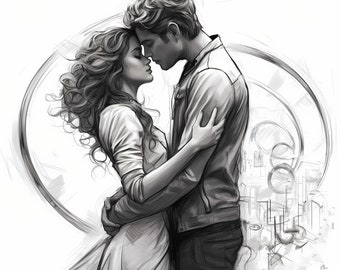 Minimalist Romantic Couple Valentine's Day Set, Black and White Romantic Illustration, Couple Sketch Clipart, Couple Kissing, Commercial Use