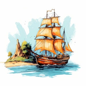 Bundle de cliparts croquis couleur bateau vintage, ensemble aquarelle bateau de rêve vieux coloré, décoration murale bateau vintage, téléchargement numérique, usage Commercial